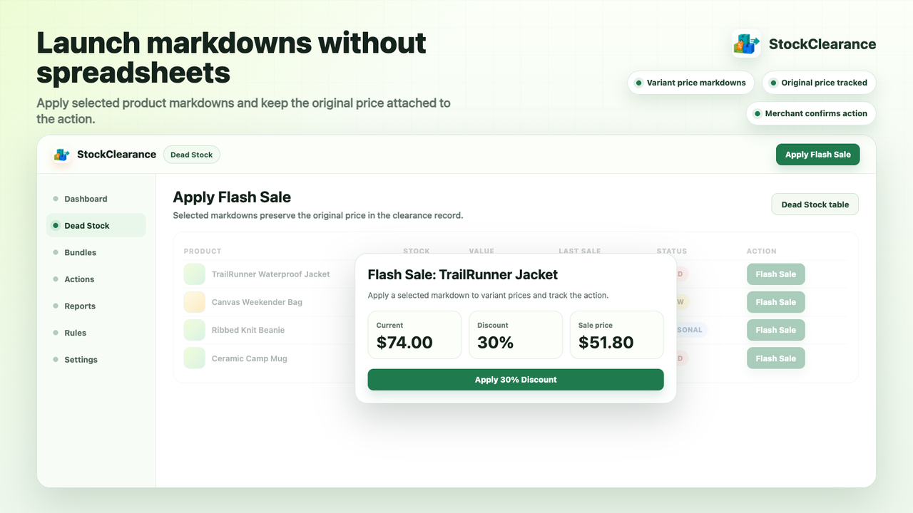 Flash sale modal for applying product markdowns