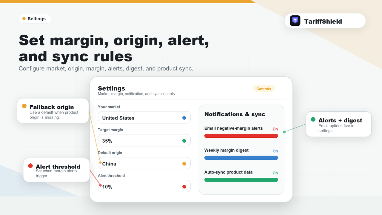 Settings for margin, origin, alerts, and sync