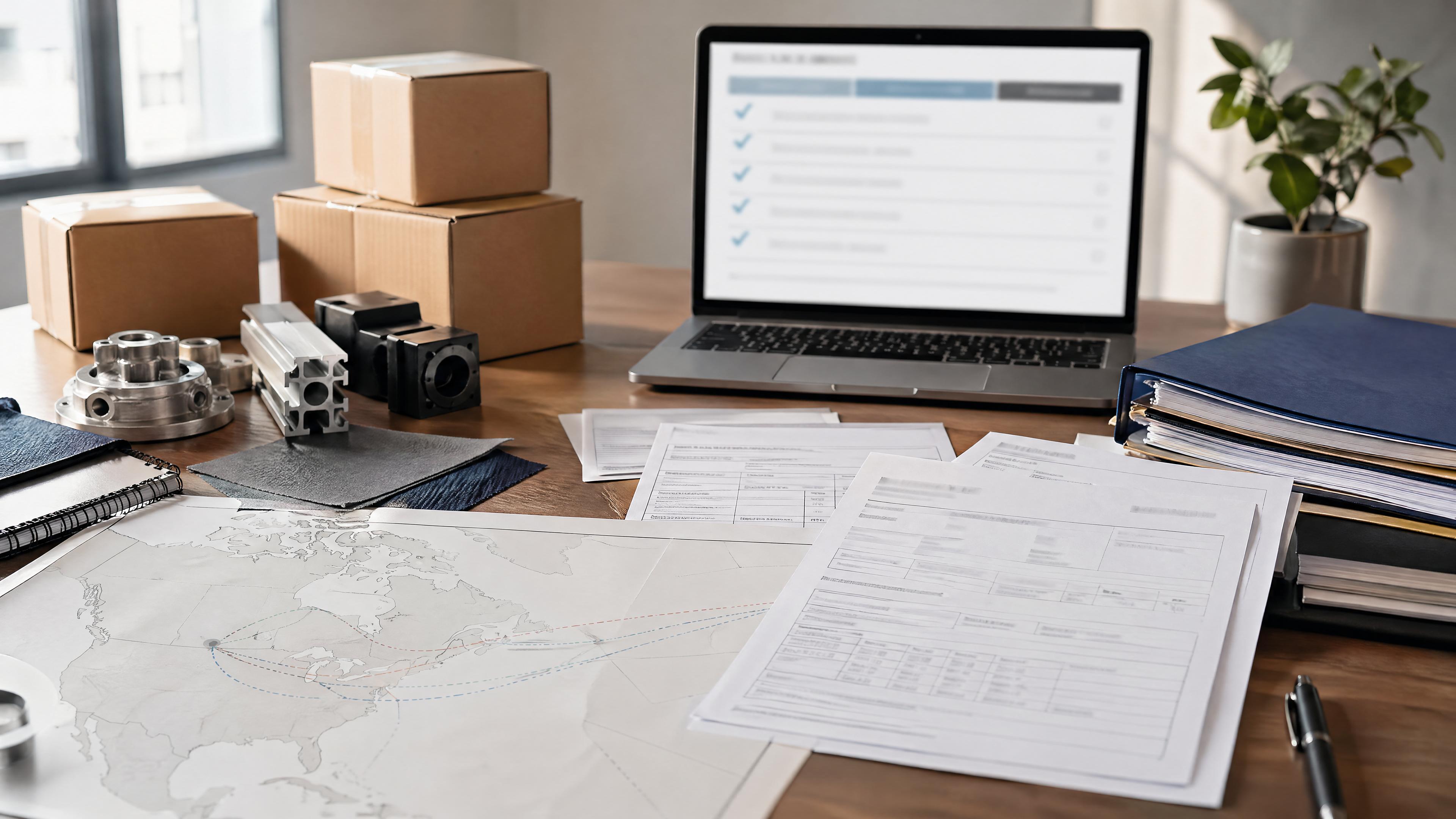 Editorial photo of CUSMA/USMCA origin documentation, product samples, customs paperwork, cartons, and a blurred origin-qualification checklist.