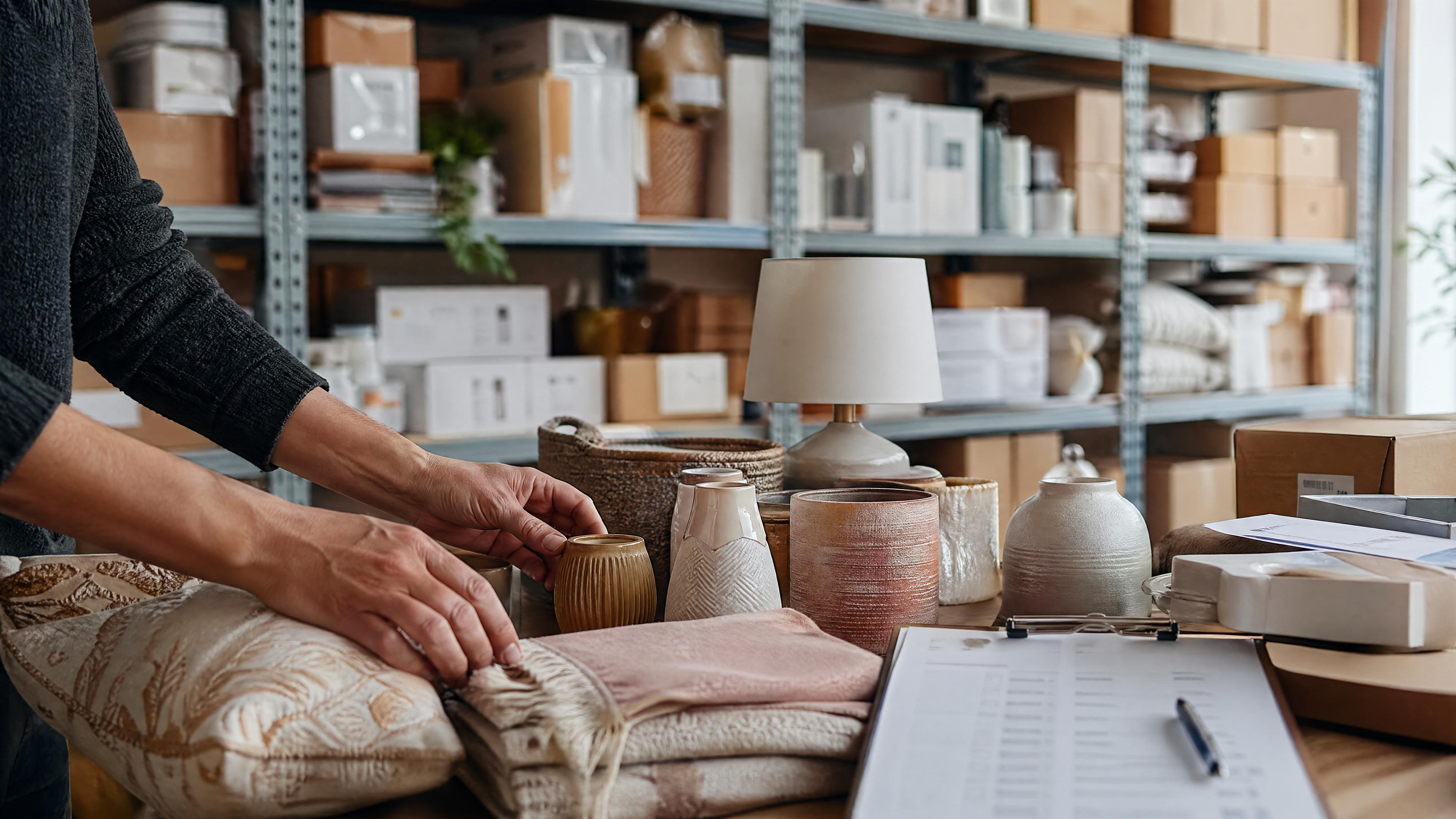 Editorial photo of a home-goods stockroom with boxed decor, seasonal products, shelves, and markdown planning for dead stock triage.